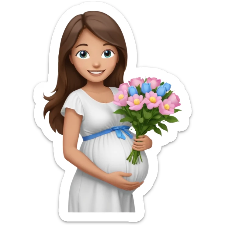 Create a cute emoji-style illustration of a young brunette woman with long brown hair, blue eyes, and a happy smile. She is pregnant, shown with a visible baby bump, wearing a simple white dress and holding a small bouquet of flowers. She looks excited and joyful, as if she's about to marry soon. sticker