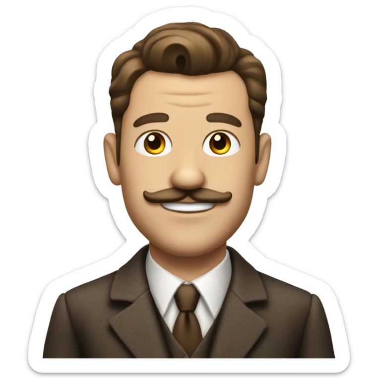 A man that looks like a 1930s spiv and a little moustache brown hair suit with garlic sticker