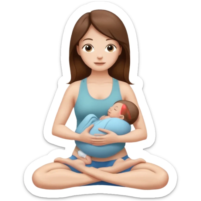  woman sitting in a yoga pose with long brown hair and fair skin, holding a newborn baby with short brown hair and fair skin." sticker