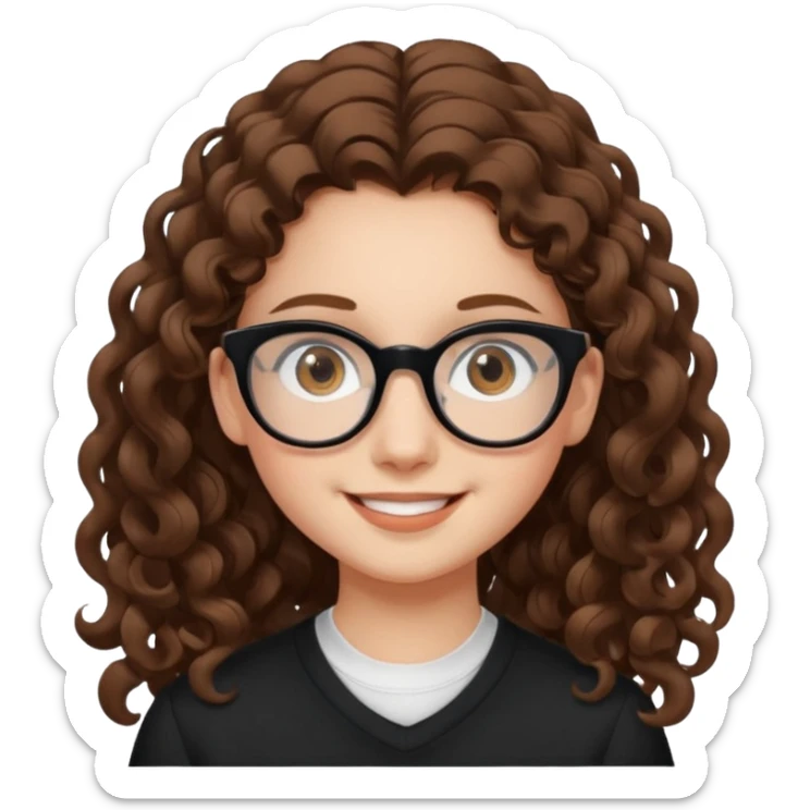 white teen girl with long brown curls, hazel eyes, and black frame glasses sticker