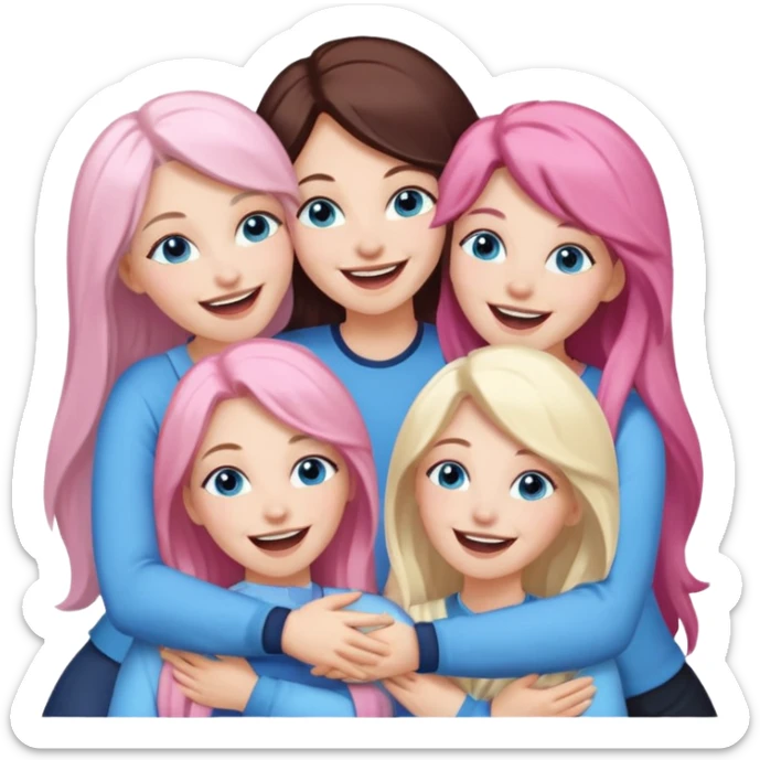 four adult white women laughing and hugging.  Two have long dark brown hair.  One has long pale pink hair and blue eyes. one has with blue eyes and light blonde hair. sticker