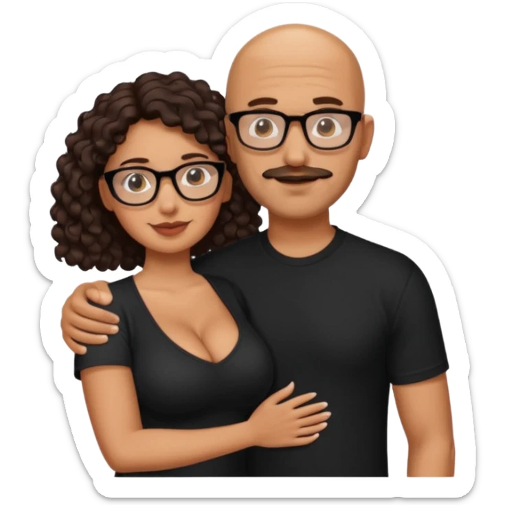 A picture of an embracing tanned couple. the man is a Mexican man with tanned skin, with a bald hair cut, short beard and wearing a black shirt. the woman is short with long curly dark brown hair and with big boobs. Put glasses on the woman only.  sticker