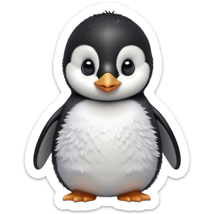 Cinematic Noble Baby Penguin Portrait Emoji, Poised with an air of innocent regality, featuring soft, downy feathers in crisp black and white and wide, soulful eyes, Simplified yet sharp and sophisticated features, highly detailed, glowing with a gentle, dignified polar glow, high shine, intelligent and charming, stylized with an air of cherubic majesty, focused and attentive, soft glowing outline, capturing the essence of a tiny arctic noble that feels as though it could waddle out of the screen with effortless authority! sticker