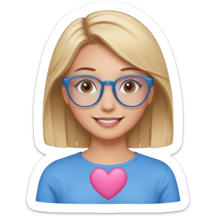 Asthectic pretty Blonde women brown eyes, blue glasses, wearing a brown top and smiling with a pink heart around her. sticker
