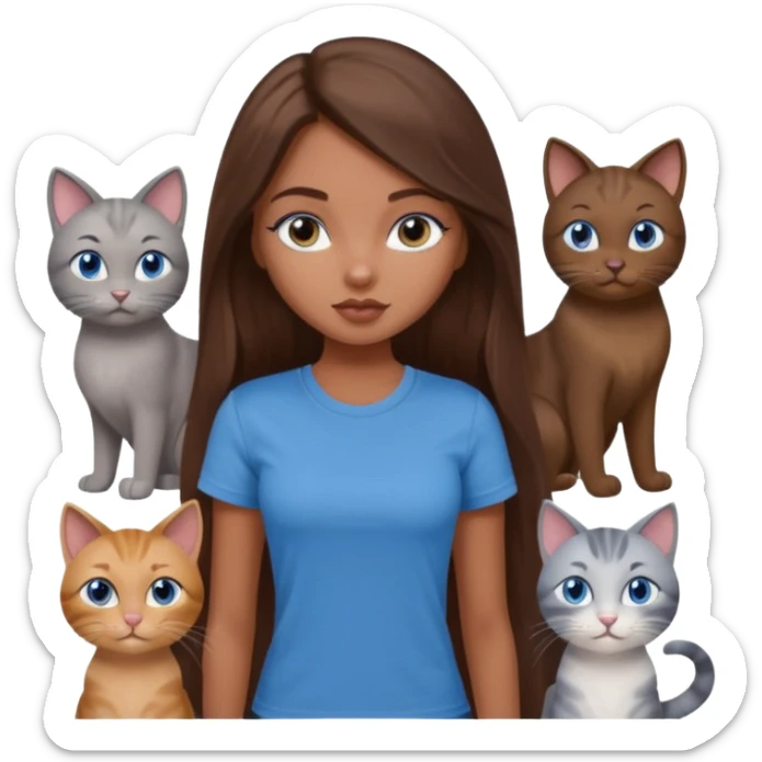 a pretty bratz dusky girl with long brown hair, blue eyes with six cats nd wearing a grey tshirt sticker