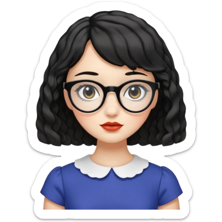 girl with black wavy French bob hair, black round eyes, white square eyeglasses, peplum top sticker