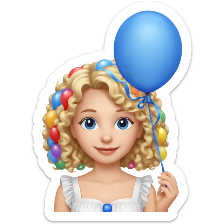 Woman curly long blonde with blue balloon, white dress sticker