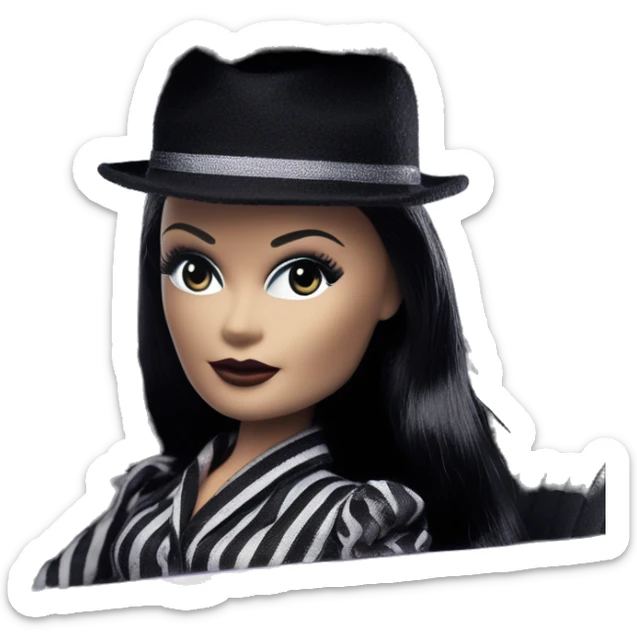 Bouclé Beauty Lingerie Barbie, Morticia Addams from academy, in dark-gray and black striped outfit with hat. Driving 1965 Mercedes 190 sticker