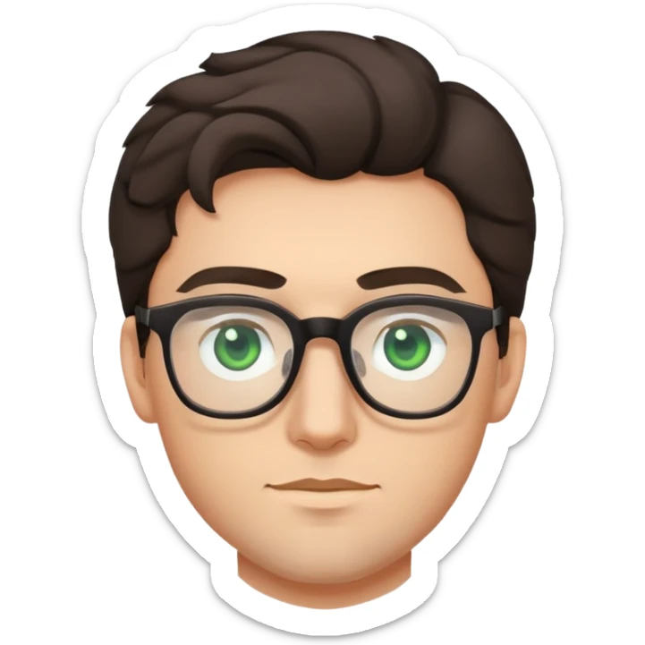 young man with dark slightly curled hair wearing glasses with green eyes and very light stubble, minimal facial hair sticker