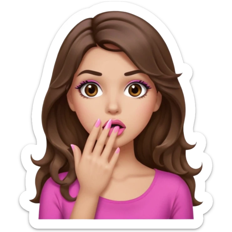 girl with long wavy brown hair, brown eyes, long lashes makeup, sexy pink lips, light to medium complexion, pink sexy top, shocked, hand covering mouth sticker