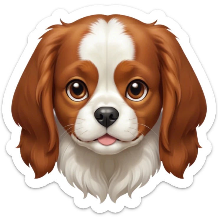 Cinematic Cute Blenheim Cavalier King Charles Spaniel Portrait Emoji, Head tilted playfully and inquisitively, silky Blenheim coat with warm chestnut and crisp white patches, round, sparkling brown eyes filled with curiosity, Simplified yet irresistibly adorable features, highly detailed, glowing with a warm, friendly glow, high shine, affectionate and lively, stylized with a touch of whimsy, bright and endearing, soft glowing outline, capturing the essence of a mischievous yet loving pup, so playful it feels like it could pounce out of the screen and into your arms! sticker