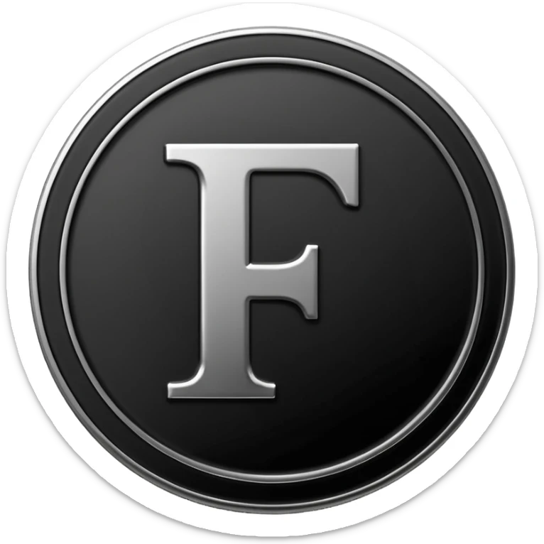 Emoji icon of a black coin with engraved letter F, minimalist style, isolated, no color sticker