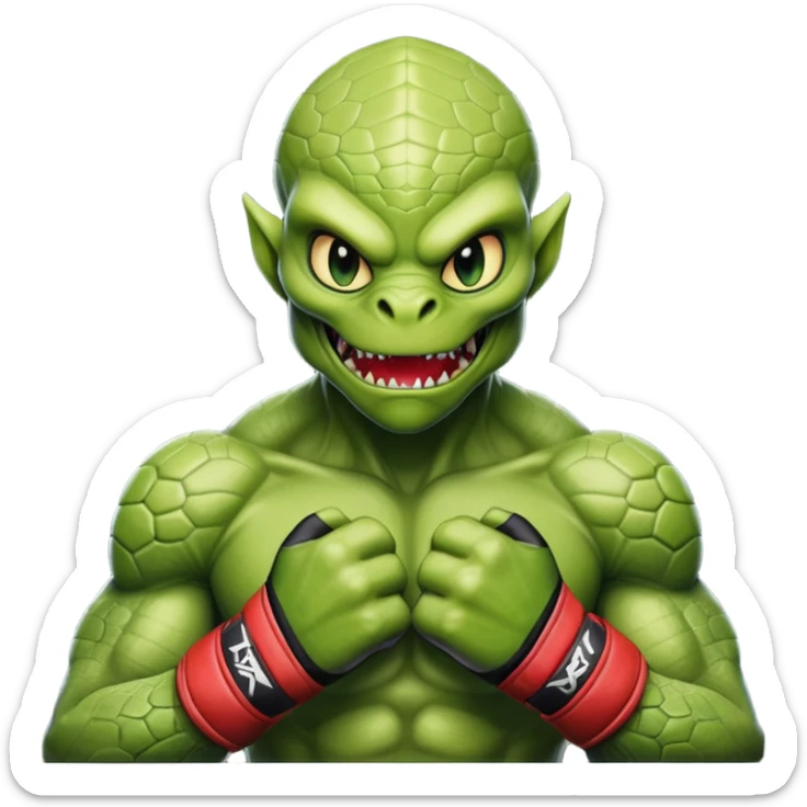 reptilian alien MMA fighter portrait, head and shoulders only, scaled skin, sharp teeth, fighter gloves, battle-ready expression, 3D cartoon, mobile game icon style, clean background, no text, no watermark
 sticker