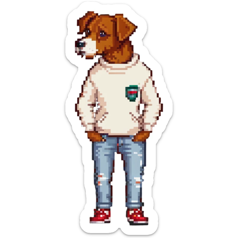 Brown dog standing upright with hands in jean pockets, wearing a white sweater and red shoes sticker