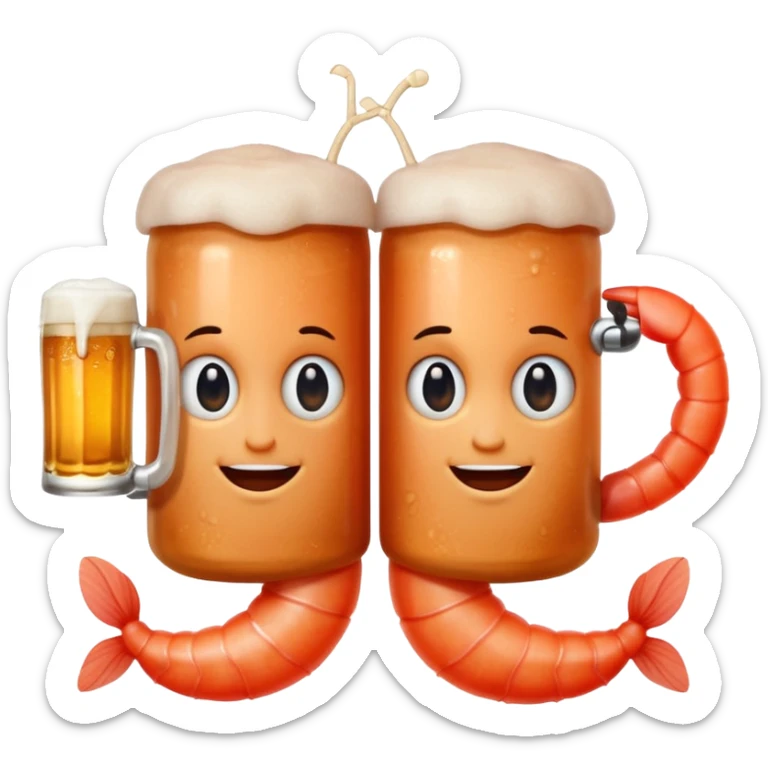 Design a trendy emoji-style illustration of two shrimp peeking from behind text, only half of their bodies visible, curious and playful expressions.
One shrimp holding a beer mug, the other pointing forward.
 sticker