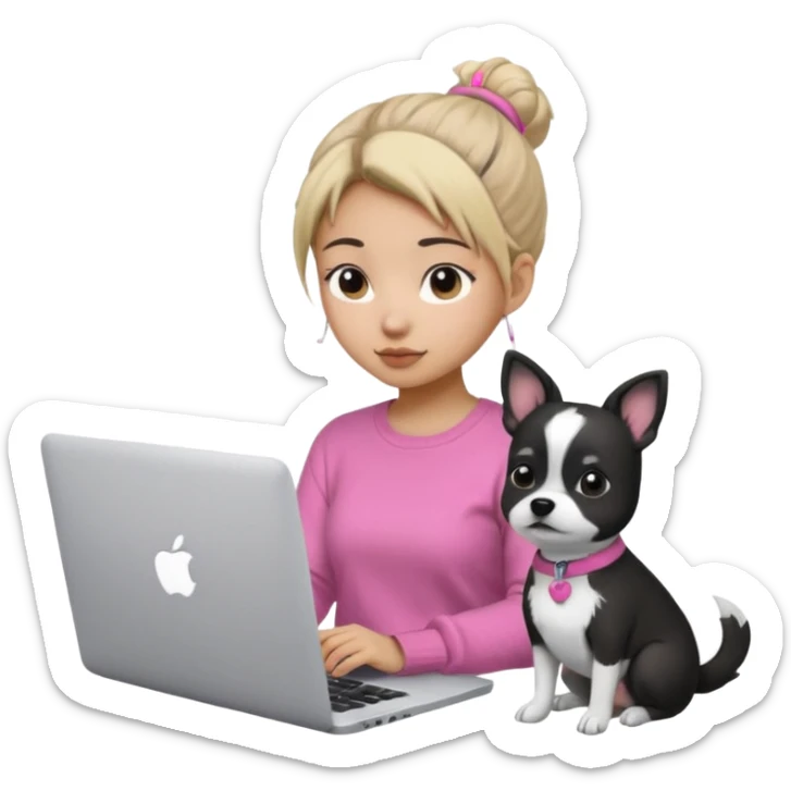 Asian girl with messy bun hair, wearing a white t-shirt, working on an Apple laptop, next to her is a small black and white dog in pink sweater sticker
