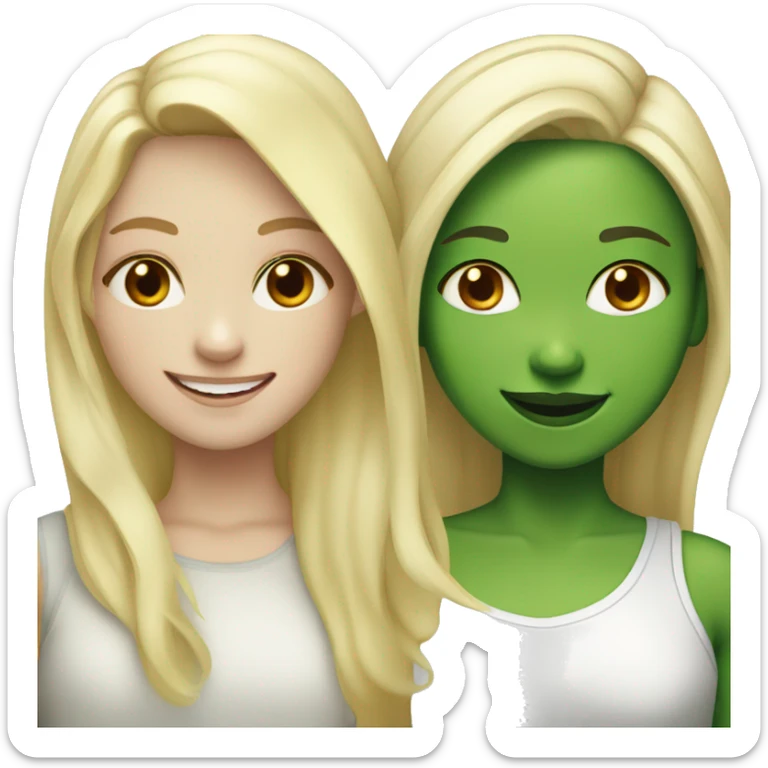 smiling girls with green skin blonde hair girl to the left with pale skin sticker