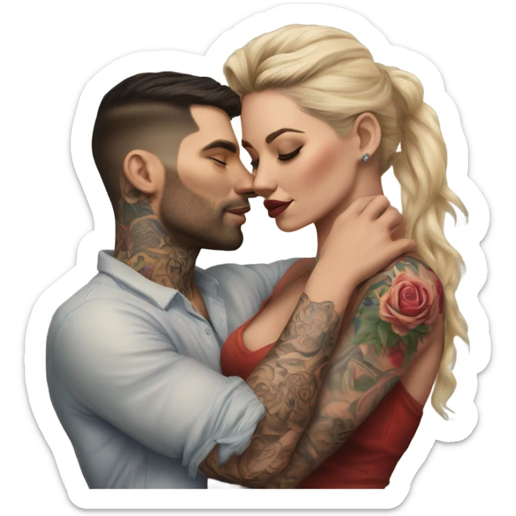 Hyper Realistic beautiful woman in the arms of a very handsome tattooed man kissing  sticker
