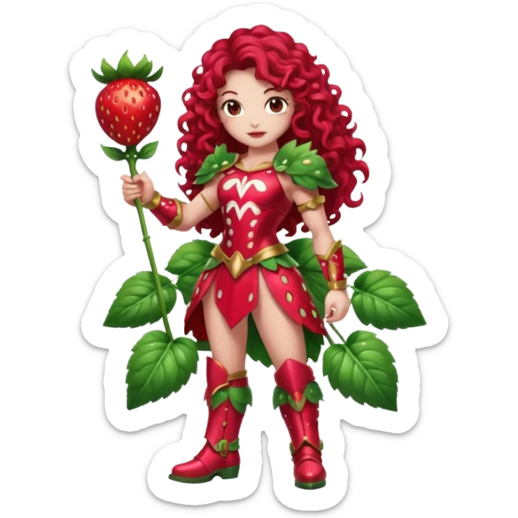 full body woman long curly brown hair brown eyes white skin tattoos muscular build dressed as strawberry spirit, glossy berry armor, leaf boots, confident pose sticker