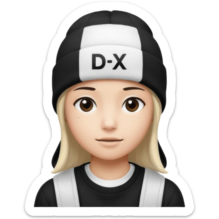 wearing a white beanie with an black square logo with the word "DX" written on it.

 sticker