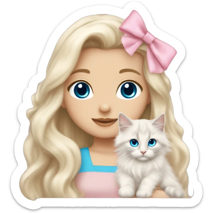 pale blonde girl with long platinum white wavy hair with bright blue eyes and wearing a light pink hair bow holding a beige long haired main coon kitten also wearing a hair bow sticker