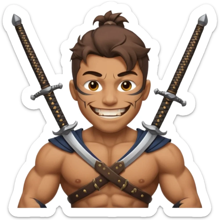 Haz que tenga una sonrisa epica una cicatriz en el ojo serrado y una espada entre los dientes y dos más a cada lado. sticker