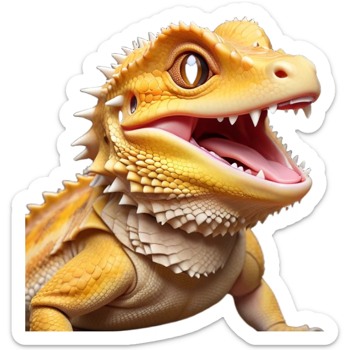 Cinematic Cute Yawning Bearded Dragon Portrait Emoji, Head tilted slightly with a dramatic, wide-open yawn, showcasing a soft, textured scaled hide with its spiky beard partially drooped and eyes barely open in drowsy contentment, Simplified yet irresistibly adorable features, highly detailed, glowing with a soft, cozy glow, high shine, relaxed yet expressive, stylized with a touch of reptilian whimsy, bright and endearing, soft glowing outline, capturing the essence of a sleepy yet affectionate dragon, so drowsy it feels like it could stretch out of the screen and curl up for a nap! sticker