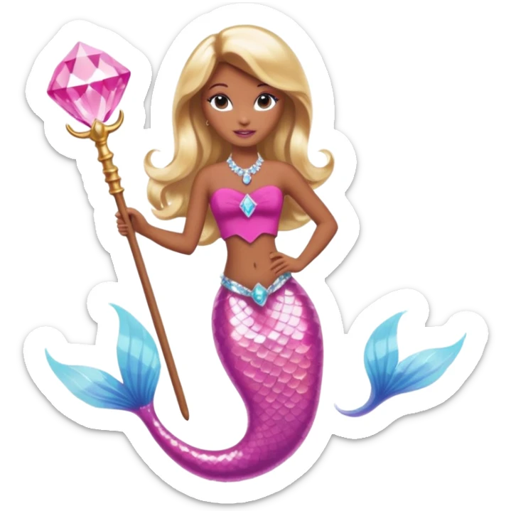 Brown skin blonde hair barbie mermaid with pink diamond tail and wand  sticker