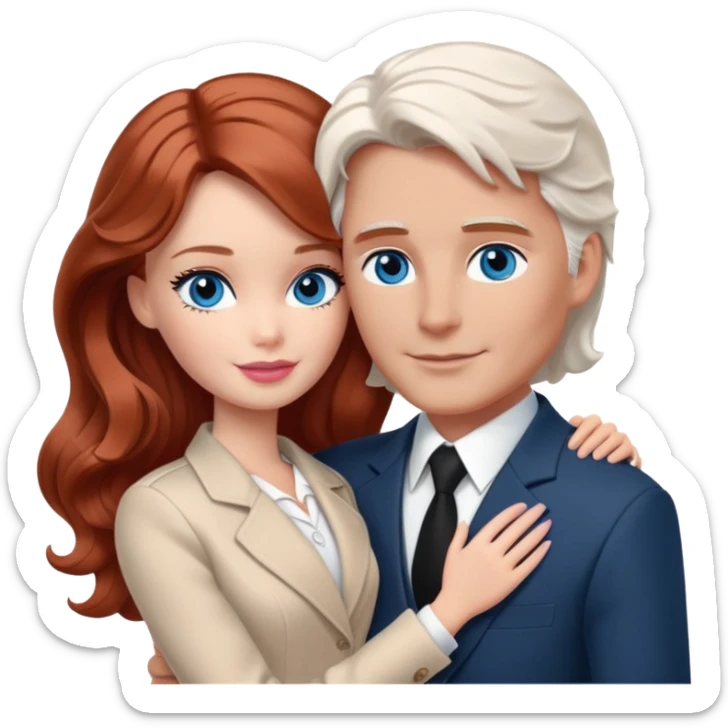 Barbie girl  , eyes blue , Chestnut red long wavy hair In pale beige clothes, Hugs a man with dark white hair short haircut, brown eyes , and a black suit sticker