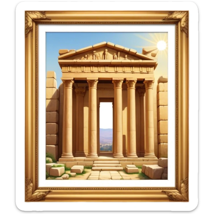 Baalbek temple – Cinematic Realistic Baalbek Temple, depicted as an ancient Roman temple complex with towering columns and intricately carved stone details, bathed in golden sunlight and dramatic shadows that evoke timeless historical grandeur. sticker