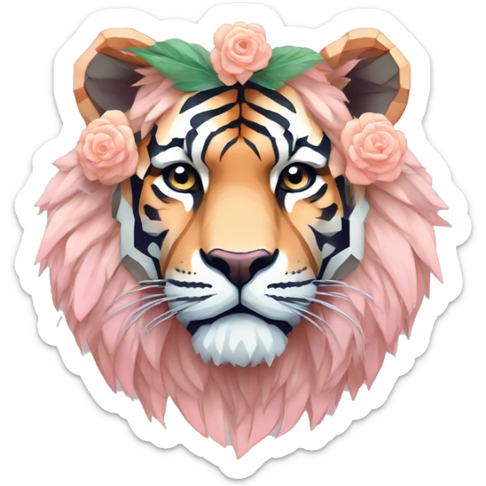 Pixel art of a pixel pink peach beige blue cream pastel pixel tiger pixel lion wearing tropical flowers and leaves, flower crown, floral, pixel sticker