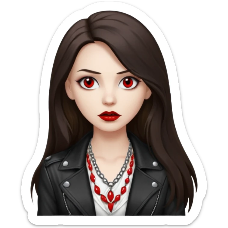 brunette with very long hair in black cuir jacket with red lips and very dark brown eyes and white shirt and mysterious necklace without piercing with evil eyes sticker