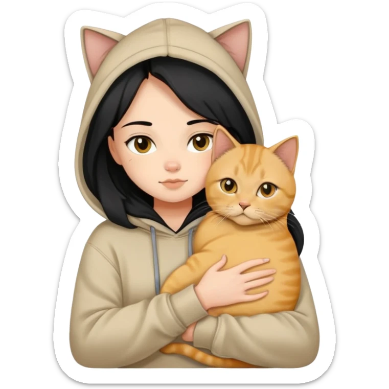  girl black long hair beige hoodie cuddling a british shorthair golden cat sticker