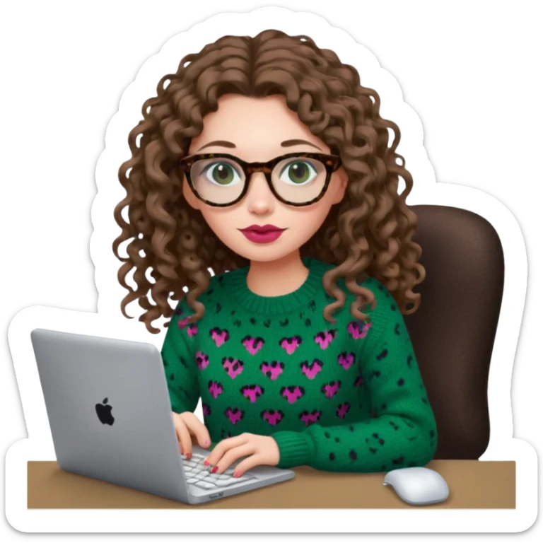 a european white young woman with long wavy/curly brown hair typing in a computer, she's using dark brown leopard glasses and knit green sweate, her lips are light red and her cheeks slightly pink sticker