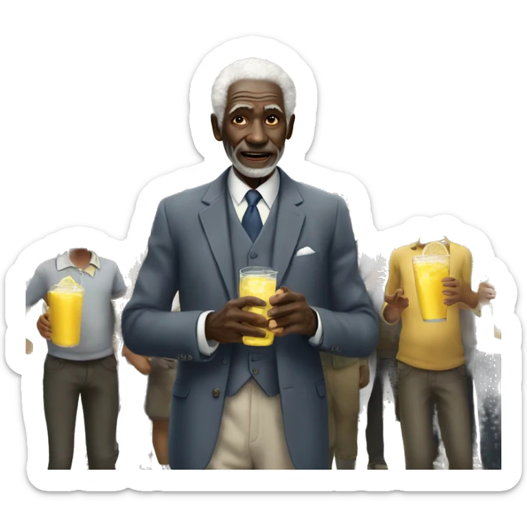 Old African man in a suit with white hair looking over a crowd of children drinking lemonade sticker
