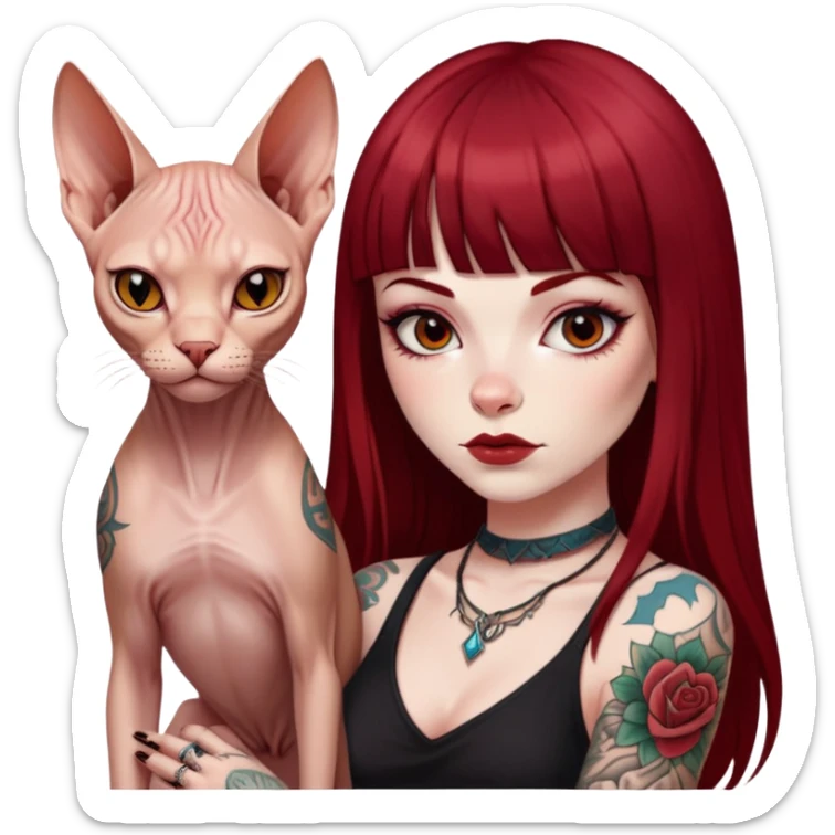girl with long dark red straight bangs hair and tattoos and a Sphynx sticker