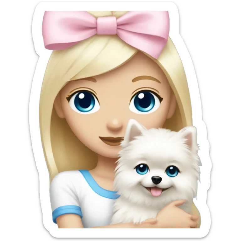 Blond girl white skin blue eyes hugging white Pomeranian with light pink bow sticker