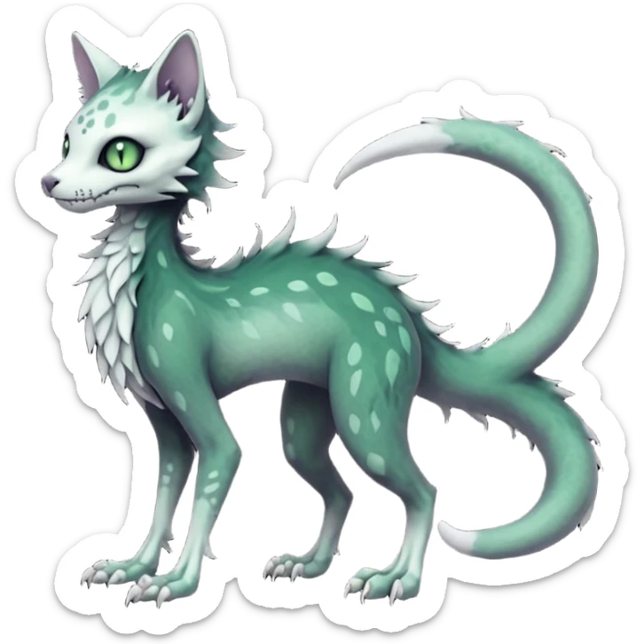 Scaley Kawaii spectral spooky dark bleak blackish swampy white-skeletal gloomy ghostly dark greyish dark-deep-greenish foggy eldritch beautiful realistic edgy fantasy ghoul-like stitched feline-vernid-sergal-fursona animal creature with a tufted tail full body with intricate markings  sticker