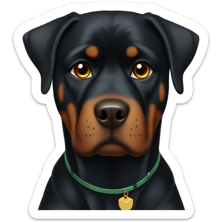 adult rottweiler male with brown eyes. dark green collar sticker