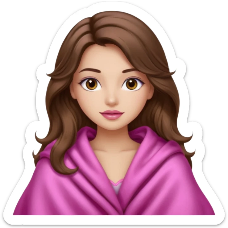 girl with long wavy brown hair, brown eyes, long lashes makeup, sexy pink lips, light to medium complexion, wearing a pink sexy silk top, big blanket over cozy  sticker