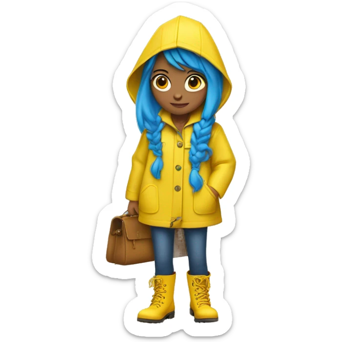 girl with blue hair in a bob, button eyes, a yellow raincoat, some freckles, blue skinny jeans, a yellow pair of rain boots to match the rain coat, a bag like purse, and a scowl sticker