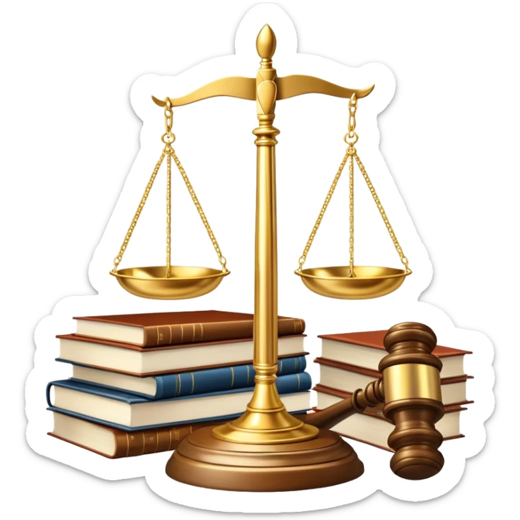 An icon featuring a gavel, scales of justice, and legal books, symbolizing law. The design includes a courthouse building in the background, representing the legal system and justice. Transparent background highlights the authority and structure of the law. sticker