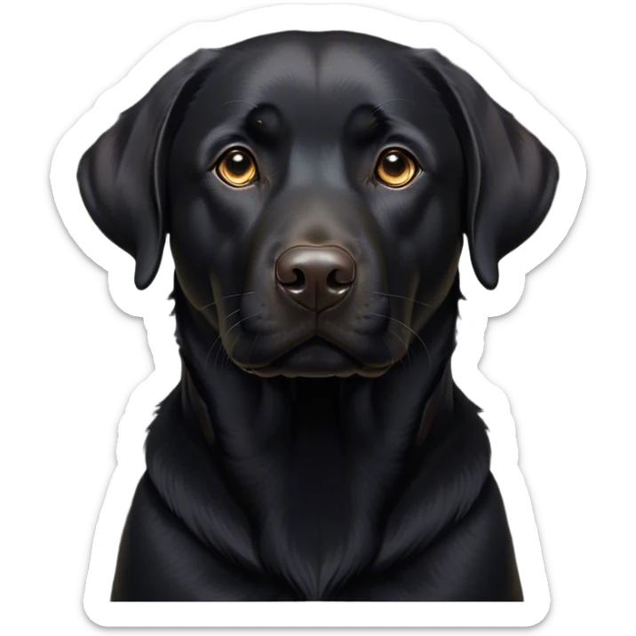 Cinematic Noble Black Labrador Portrait Emoji, Poised and regal, with a robust, muscular build and a sleek, shiny pure black Fur, deep-set soulful brown eyes, Simplified yet sharp and sophisticated features, highly detailed, glowing with a soft, dignified glow, high shine, intelligent and gentle, stylized with an air of confidence, focused and attentive, soft glowing outline, capturing the essence of a watchful and loving companion, so majestic it feels as though it could bound out of the screen with effortless authority! sticker