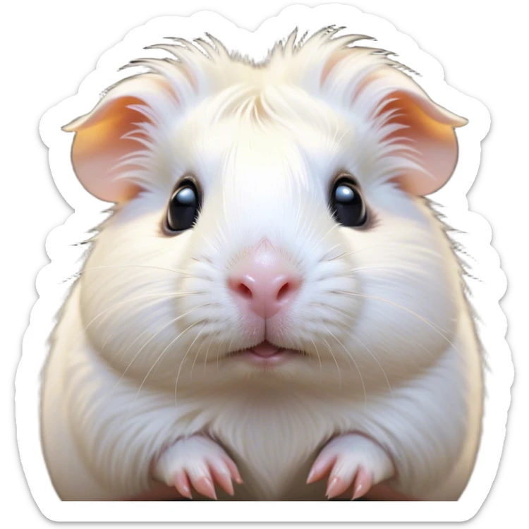 Cinematic Cute White Guinea Pig Portrait Emoji, Head tilted playfully and inquisitively, showcasing a silky, immaculate white fur with a natural glow, round, sparkling dark eyes filled with curiosity, Simplified yet irresistibly adorable features, highly detailed, glowing with a warm, friendly light, high shine, affectionate and lively, stylized with a touch of whimsy, bright and endearing, soft glowing outline, capturing the essence of a mischievous yet loving guinea pig, so playful it feels like it could nuzzle out of the screen and into your arms! sticker