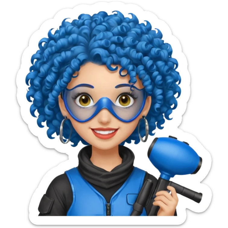 blue curly haired paintball player girl with huge earrings, wearing paintball mask sticker