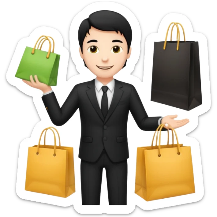 a white man black hair in a black suit with clothing shopping bag sticker