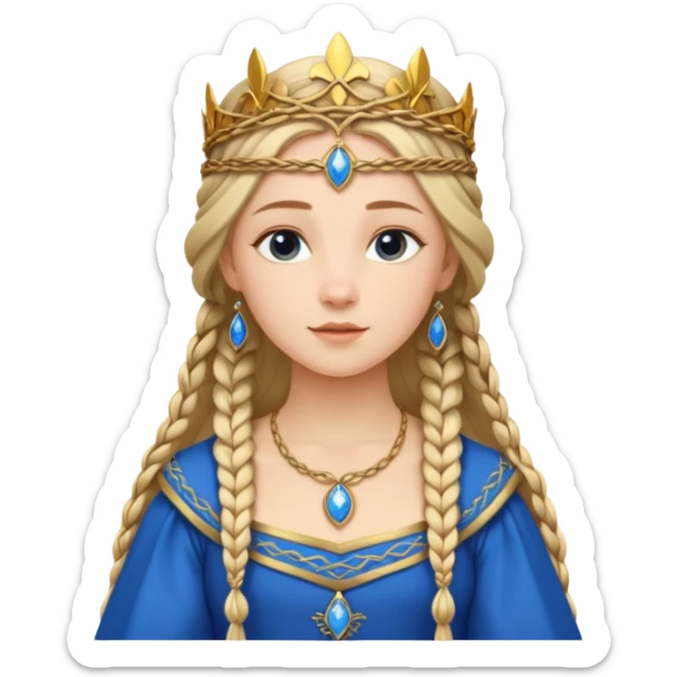 An emoji portrait of a medieval European princess. She wears a long-sleeved bliaut dress in a vibrant blue color, with a delicate golden circlet on her head. Her hair is braided in long tresses, and her expression is gentle and pious. sticker