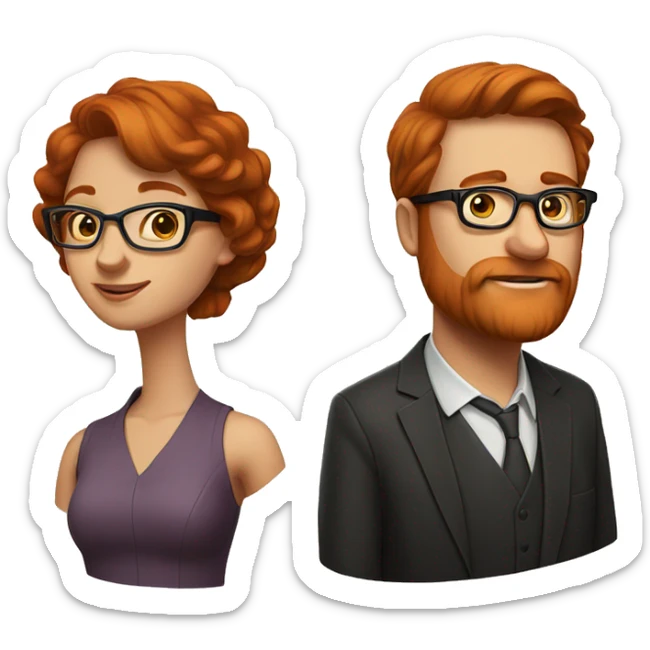 2 people 1 Fat man brown hair glasses and. 1 woman pretty redhead glasses sticker