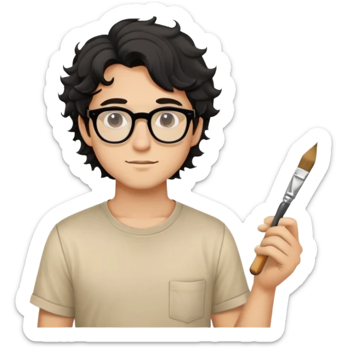 Young caucasian man with black wavy hair, round glasses, beige painting shirt, holding a square paintbrush sticker