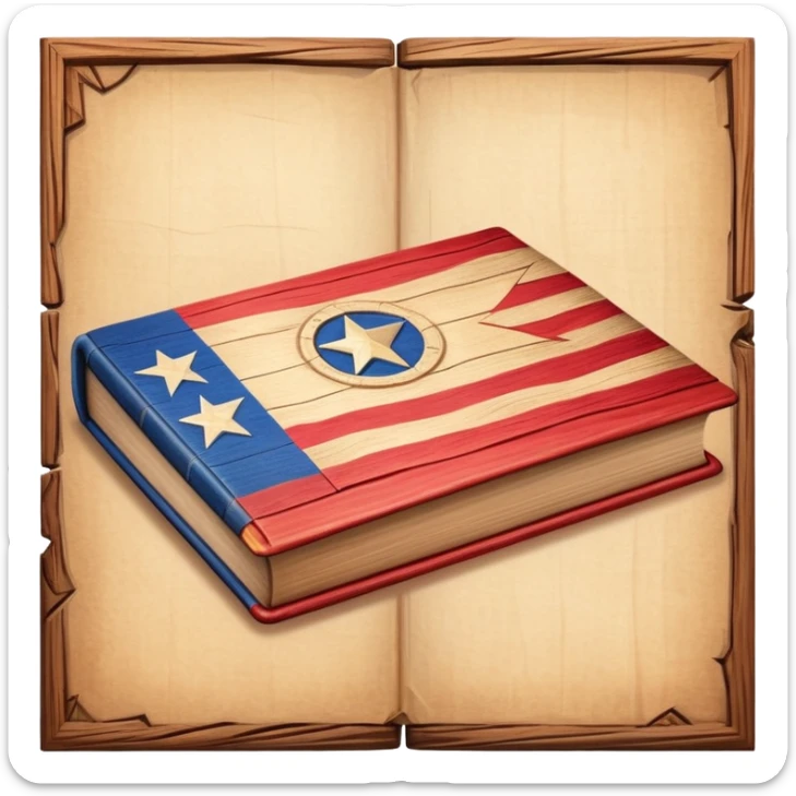Elegant aged book with the Puerto Rican flag subtly embossed on the cover, carved wooden theater stage symbol, vintage textured cover with warm wood and parchment tones, slightly glowing, representing the eternal legacy of scenic design sticker